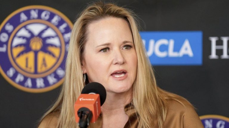 New Los Angeles Sparks head coach Lynne Roberts fields questions during a news conference for the WNBA basketball team Nov. 21, 2024, in Los Angeles. (Damian Dovarganes/AP)