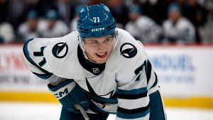 San Jose Sharks' Macklin Celebrini waits for a face-off against the Carolina Hurricanes during the third period of an NHL hockey game in Raleigh, N.C., Tuesday, Dec. 10, 2024. (Karl B DeBlaker/AP)