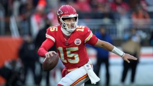 Kansas City Chiefs quarterback Patrick Mahomes (15) in the second half of an NFL football game against the Cleveland Browns in Cleveland, Sunday, Dec. 15, 2024. (Sue Ogrocki/AP)