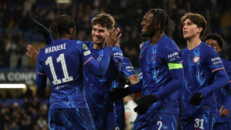 Chelsea's Marc Guiu, second from left, is congratulated after scoring his side's 4th goal during the Europa Conference League opening phase soccer match between Chelsea and Shamrock Rovers at Stamford Bridge stadium in London, Thursday, Dec. 19, 2024. (Ian Walton/AP)