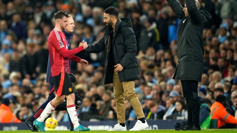 Manchester United's Mason Mount goes off injured during the English Premier League soccer match between Manchester City and Manchester United at the Etihad Stadium in Manchester, Sunday, Dec. 15, 2024. (Dave Thompson/AP)