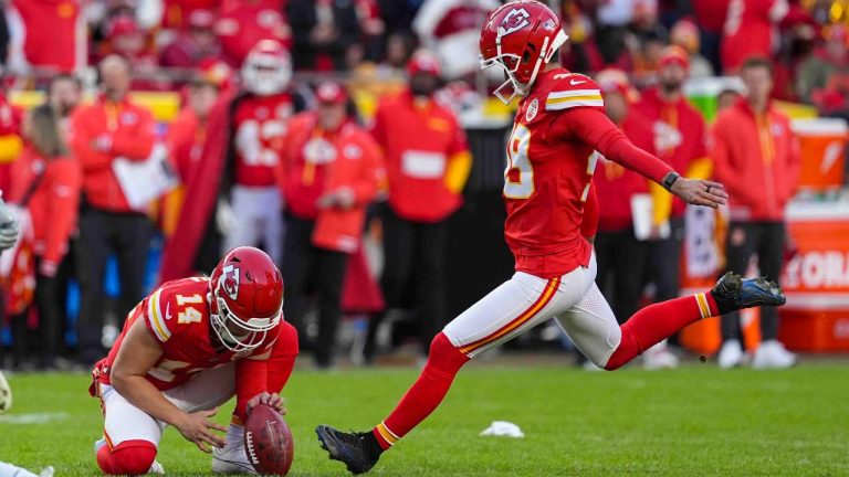 Kansas City Chiefs kicker Matthew Wright (49) kicks a field goal against the Las Vegas Raiders in Kansas City, Mo., Friday, Nov. 29, 2024. (Charlie Riedel/AP)