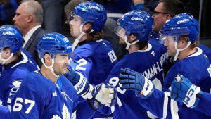 Max Pacioretty (67) celebrates his goal with teammates on the bench during first period action against the Anaheim Ducks, in Toronto, Thursday, Dec. 12, 2024. (Frank Gunn/CP)