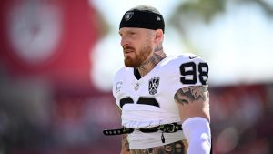 Las Vegas Raiders defensive end Maxx Crosby (98) warms up before a game against the Tampa Bay Buccaneers. (Phelan M. Ebenhack/AP)