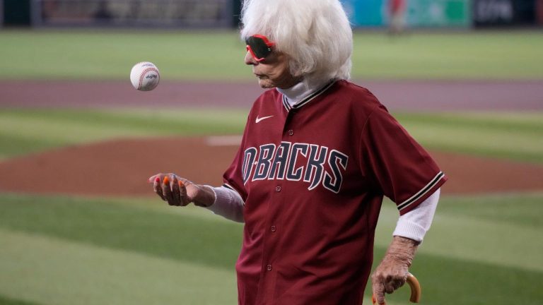 Former All American Girls Professional Baseball player Maybelle Blair before a baseball game between the Arizona Diamondbacks and the Washington Nationals. (Rick Scuteri/AP)