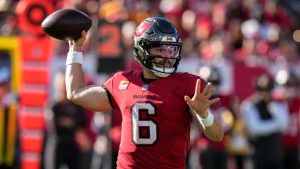 Tampa Bay Buccaneers quarterback Baker Mayfield (6) passes in the pocket against the Las Vegas Raiders during the second half of an NFL football game, Sunday, Dec. 8, 2024, in Tampa, Fla. (Chris O'Meara/AP)