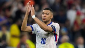 Kylian Mbappe of France reacts after losing a semifinal match between Spain and France at the Euro 2024 soccer tournament in Munich, Germany, Tuesday, July 9, 2024. (Antonio Calanni/AP)