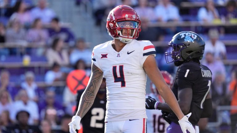 Arizona wide receiver Tetairoa McMillan (4) lines up during the first half of an NCAA college football game against TCU Saturday, Nov. 23, 2024, in Fort Worth, Texas. (LM Otero/AP)