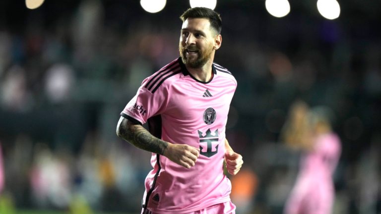 Inter Miami forward Lionel Messi reacts after scoring a goal during the second half of an MLS soccer match. (Lynne Sladky/AP)