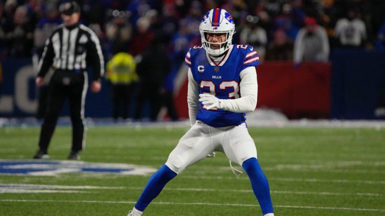 Buffalo Bills safety Micah Hyde lines up against the Pittsburgh Steelers during an NFL wild-card playoff game, Monday, Jan. 15, 2024 in in Orchard Park, NY. (AP/Rick Scuteri)