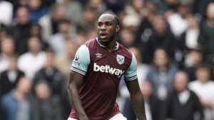 West Ham's Michail Antonio runs into position during the English Premier League soccer match between Tottenham Hotspur and West Ham United, at the Tottenham Hotspur Stadium. (Dave Shopland/AP)