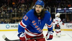 New York Rangers center Mika Zibanejad skates during an NHL hockey game against the New Jersey Devils, Monday, Dec. 2, 2024, in New York. The Devils won 5-1. (Julia Demaree Nikhinson/AP)