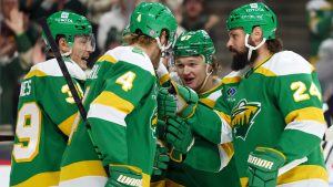 Minnesota Wild left wing Kirill Kaprizov, center right, celebrates his goal with his teammates during the first period of an NHL hockey game against the Philadelphia Flyers, Saturday, Dec. 14, 2024, in St. Paul, Minn. (Ellen Schmidt/AP)