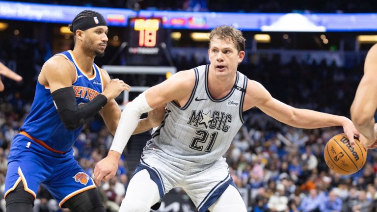 Orlando Magic centre Moritz Wagner evades New York Knicks guard Pacome Dadiet, left, during the second half of an NBA game Sunday, Dec. 15, 2024, in Orlando, Fla. (APAlan Youngblood)