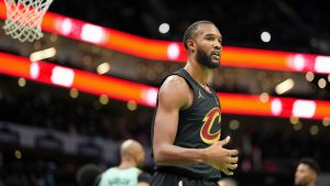 Cleveland Cavaliers forward Evan Mobley looks on during the first half of an NBA basketball game against the Charlotte Hornets, Saturday, Dec. 7, 2024, in Charlotte, N.C. (Matt Kelley/AP)