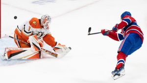 Montreal Canadiens' Patrik Laine (92) scores on Anaheim Ducks goaltender Lukas Dostal (1) during NHL overtime shootout hockey action in Montreal, Monday, Dec. 9, 2024. (Christinne Muschi/CP)