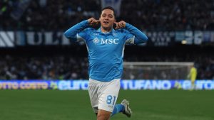 Napoli's Giacomo Raspadori celebrates after scoring the opening goal during the Serie A soccer match between Napoli and Venezia.(Alessandro Garofalo/LaPresse via AP)