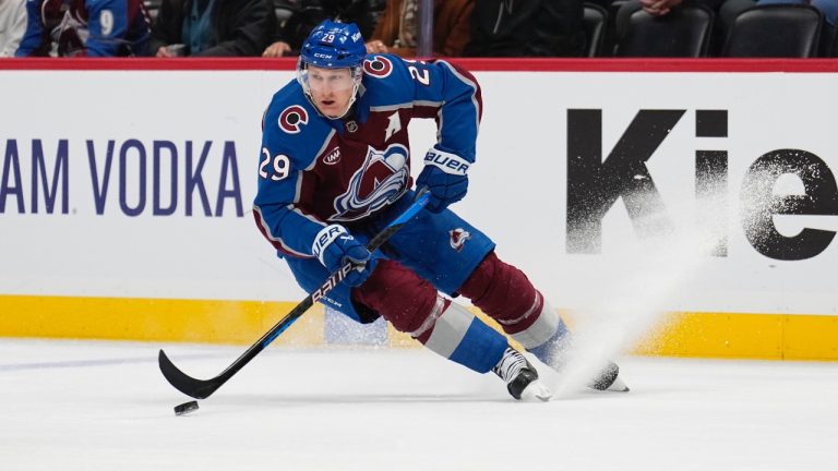 Colorado Avalanche centre Nathan MacKinnon skates against the Seattle Kraken during the third period of an NHL game Tuesday, Nov. 5, 2024, in Denver. (AP/Jack Dempsey)