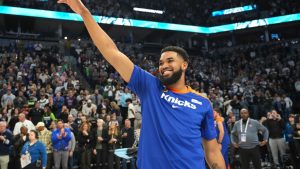 New York Knicks center Karl-Anthony Towns acknowledges the crowd before an NBA basketball game against the Minnesota Timberwolves, Thursday, Dec. 19, 2024, in Minneapolis. (Abbie Parr/AP)