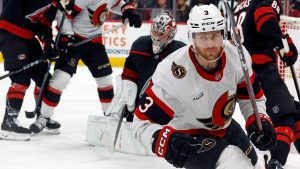 Nick Jensen (3) reacts following his goal against the Carolina Hurricanes during the third period of an NHL hockey game. (Karl B DeBlaker/AP)