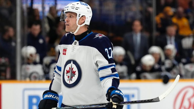 Winnipeg Jets left wing Nikolaj Ehlers plays against the Nashville Predators during the first period of an NHL game Saturday, Nov. 23, 2024, in Nashville, Tenn. (AP/Mark Humphrey)