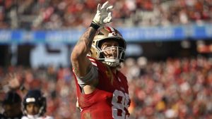 San Francisco 49ers tight end George Kittle (85) gestures after a reception against the Chicago Bears during the first half of an NFL football game in Santa Clara, Calif., Sunday, Dec. 8, 2024. (Eakin Howard/AP)
