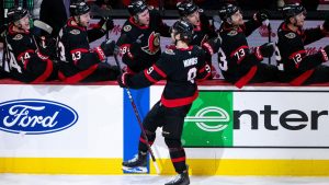 Ottawa Senators' Josh Norris (9) celebrates a goal against the Detroit Red Wings during third period NHL hockey action in Ottawa, on Thursday, Dec. 5, 2024. (Spencer Colby/CP)