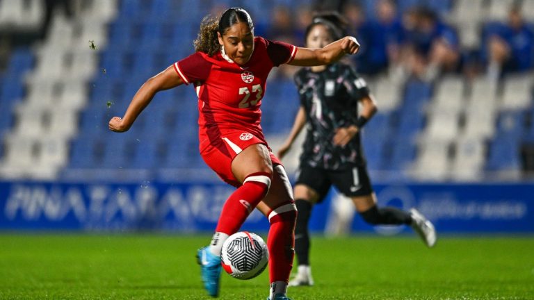 Canada's Olivia Smith tries a shot during the international women's friendly soccer match between Canada and South Korea at the Pinatar Arena Football Center in Murcia, Spain, on Tuesday, Dec. 3, 2024. (Francisco Macia Martinez/AP)