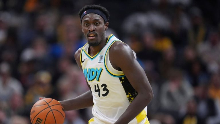 Indiana Pacers forward Pascal Siakam (43) plays against the Miami Heat during the second half of an NBA basketball game in Indianapolis, Sunday, Nov. 17, 2024. (Michael Conroy/AP)