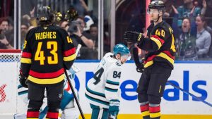 Vancouver Canucks' Quinn Hughes (43) and Elias Pettersson (40) celebrate Petterson's goal against the San Jose Sharks during second period NHL hockey action in Vancouver, B.C., Monday, Dec. 23, 2024. (Ethan Cairns/CP)