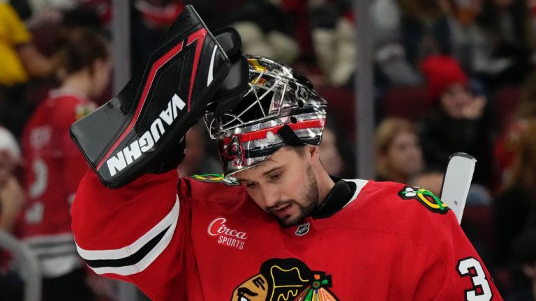 Chicago Blackhawks goaltender Petr Mrazek reacts after Columbus Blue Jackets center Sean Monahan scored during the second period of an NHL game in Chicago, Sunday, Dec.1, 2024. (AP/Nam Y. Huh)