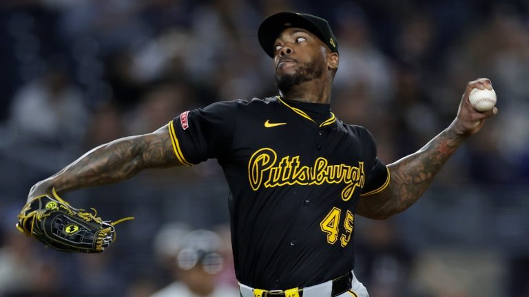 Pittsburgh Pirates' Aroldis Chapman pitches during the ninth inning of a baseball game against the New York Yankees, Friday, Sept. 27, 2024, in New York. The Pirates won 4-2. (Adam Hunger/AP)