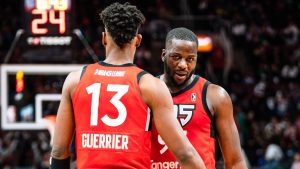 Raptors 905 forwards Quincey Guerrier (13) and Eugene Omoruyi (right) during basketball action in Mississauga on Sunday, Dec. 8, 2024. (Drew Yang)