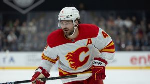 Calgary Flames defenceman Rasmus Andersson (4) in action on the ice during the first period of an NHL hockey game, Wednesday, Oct. 30, 2024, in Salt Lake City. (Melissa Majchrzak/AP)