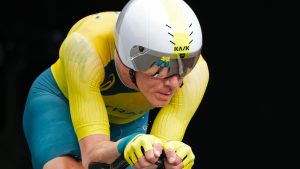 Rohan Dennis of Australia competes during the men's cycling individual time trial at the 2020 Summer Olympics, Wednesday, July 28, 2021, in Oyama, Japan. (Christophe Ena/AP)