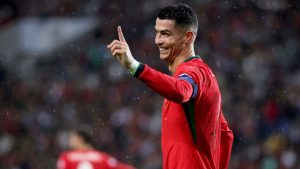 Portugal's Cristiano Ronaldo gestures during the UEFA Nations League soccer match between Portugal and Poland at the Dragao stadium in Porto, Portugal, Friday, Nov. 15, 2024. (Luis Vieira/AP)