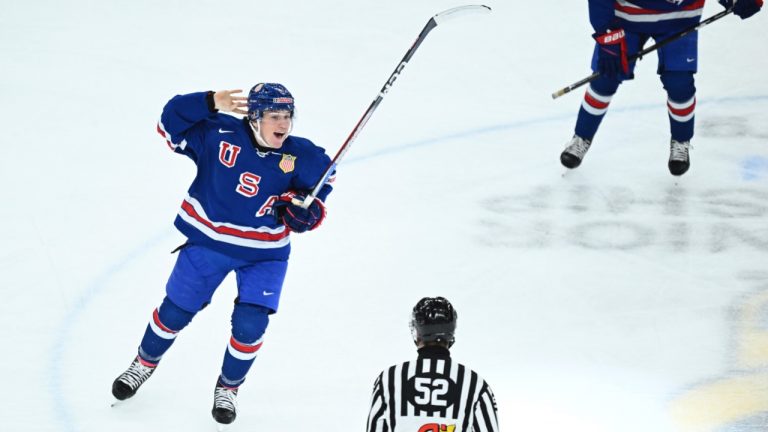 USA's Ryan Leonard celebrates scoring during the IIHF World Junior Championship ice hockey final match between Sweden and USA at Scandinavium in Gothenburg, Sweden, Friday Jan. 5, 2024. (Bjorn Larsson Rosvall/TT via AP)