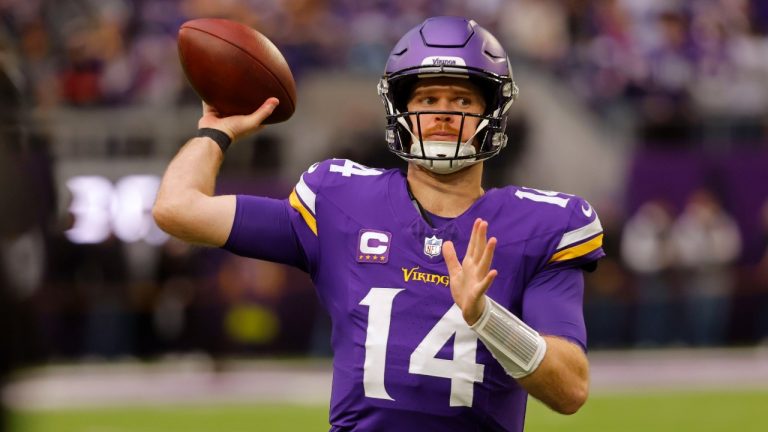 Minnesota Vikings quarterback Sam Darnold warms up before an NFL football game against the Atlanta Falcons, Sunday, Dec. 8, 2024, in Minneapolis. (AP Photo/Bruce Kluckhohn)