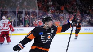 Scott Laughton reacts after scoring a goal during the second period against the Detroit Red Wings, Thursday, Dec. 12, 2024, in Philadelphia. (Matt Slocum/AP)