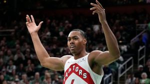 Toronto Raptors' Scottie Barnes reacts to a call during the second half of an NBA basketball game against the Boston Celtics, Tuesday, Dec. 31, 2024, in Boston. (Michael Dwyer/AP)