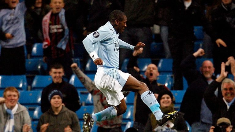 Former Manchester City star Shaun Wright-Phillips reacts after scoring against FC Twente during their UEFA Cup group A soccer match at the City of Manchester Stadium, Manchester, England, Thursday Nov. 6, 2008. (Paul Thomas/AP)