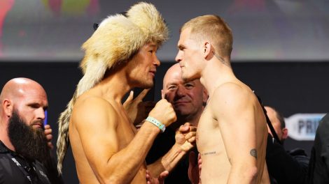 Shavkat-Rakhmonov-and-Ian-Machado-Garry-at-the-UFC-310-ceremonial-weigh-ins