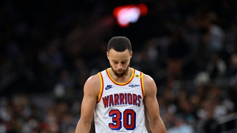 Golden State Warriors guard Stephen Curry walks upcourt during the second half of an NBA basketball game against the San Antonio Spurs, Saturday, Nov. 23, 2024, in San Antonio. (Darren Abate/AP)