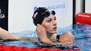 Canada's Summer McIntosh reacts after competing during the Women's 400m Freestyle Heats on day one of the World Short Course Swimming Championships in Budapest, Hungary, Tuesday, Dec. 10, 2024. (Denes Erdos/AP)