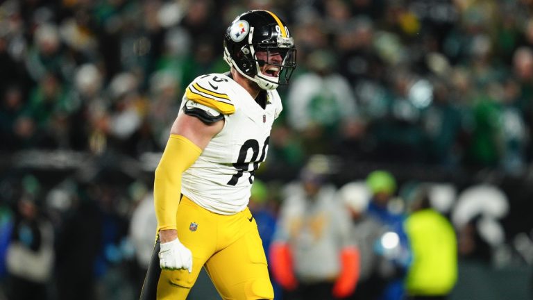 Pittsburgh Steelers linebacker T.J. Watt celebrates after Philadelphia Eagles quarterback Jalen Hurts fumbled during the first half of an NFL game Sunday, Dec. 15, 2024, in Philadelphia. (AP/Derik Hamilton)