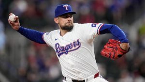 Texas Rangers starting pitcher Nathan Eovaldi throws to the Toronto Blue Jays in the first inning of a baseball game in Arlington, Texas, Tuesday, Sept. 17, 2024. (Tony Gutierrez/AP)