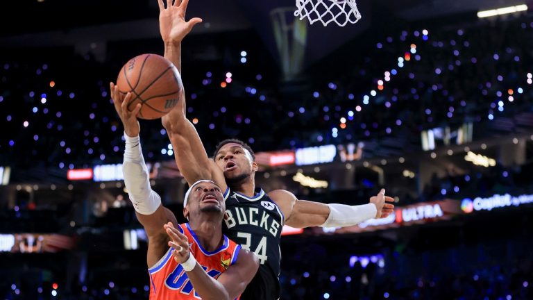 Oklahoma City Thunder forward Jalen Williams (8) shoots against Milwaukee Bucks forward Giannis Antetokounmpo (34) and center Brook Lopez (11) during the first half of the championship game in the NBA Cup basketball tournament. (Ian Maule/AP)