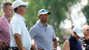 Tiger Woods watches his son Charlie Woods play during the first round of stroke play of the U.S. Junior Amateur Golf Championship, Monday, July 22, 2024, in Bloomfield Township, Mich. (AP/Carlos Osorio)