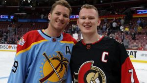 Brady Tkachuk #7 of the Ottawa Senators and Matthew Tkachuk #19 of the Florida Panthers pose together after the 2023 NHL All-Star Skills Competition at FLA Live Arena on February 03, 2023 in Sunrise, Florida. (Getty/Prime Video)