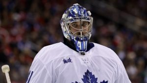 Toronto Maple Leafs goaltender Anthony Stolarz (41) reacts during the second period of an NHL hockey game against the New Jersey Devils Tuesday, Dec. 10, 2024, in Newark, N.J. (Adam Hunger/AP)